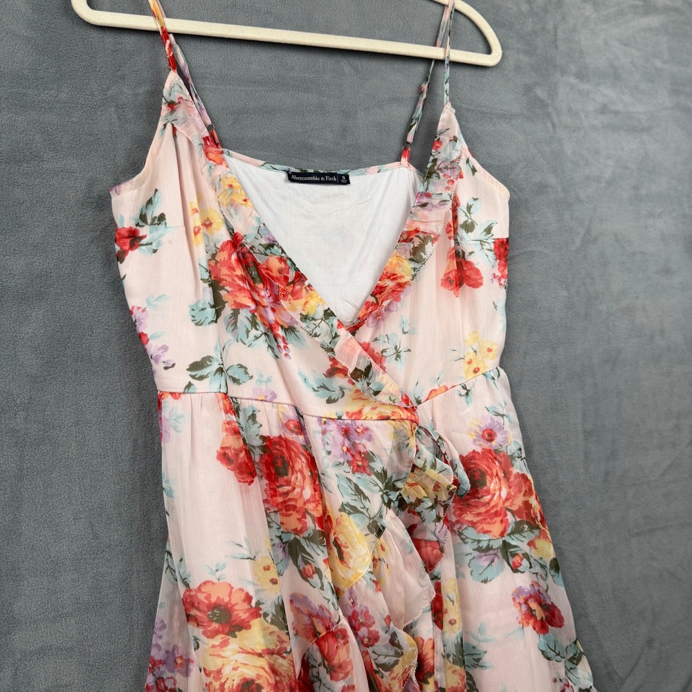 Abercrombie & Fitch Floral Mini Dress Pink Red Ruffle Wrap Sleeveless Summer S - Picture 2 of 7